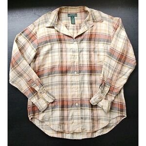 Ladies Lauren Ralph Lauren Brown Beige Plaid 100% Linen Button Up Shirt Size M